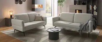 Wohnzimmer mit zwei hellen Sofas, rundem Couchtisch, Teppich und Regalwand im Hintergrund neben großem Fenster.